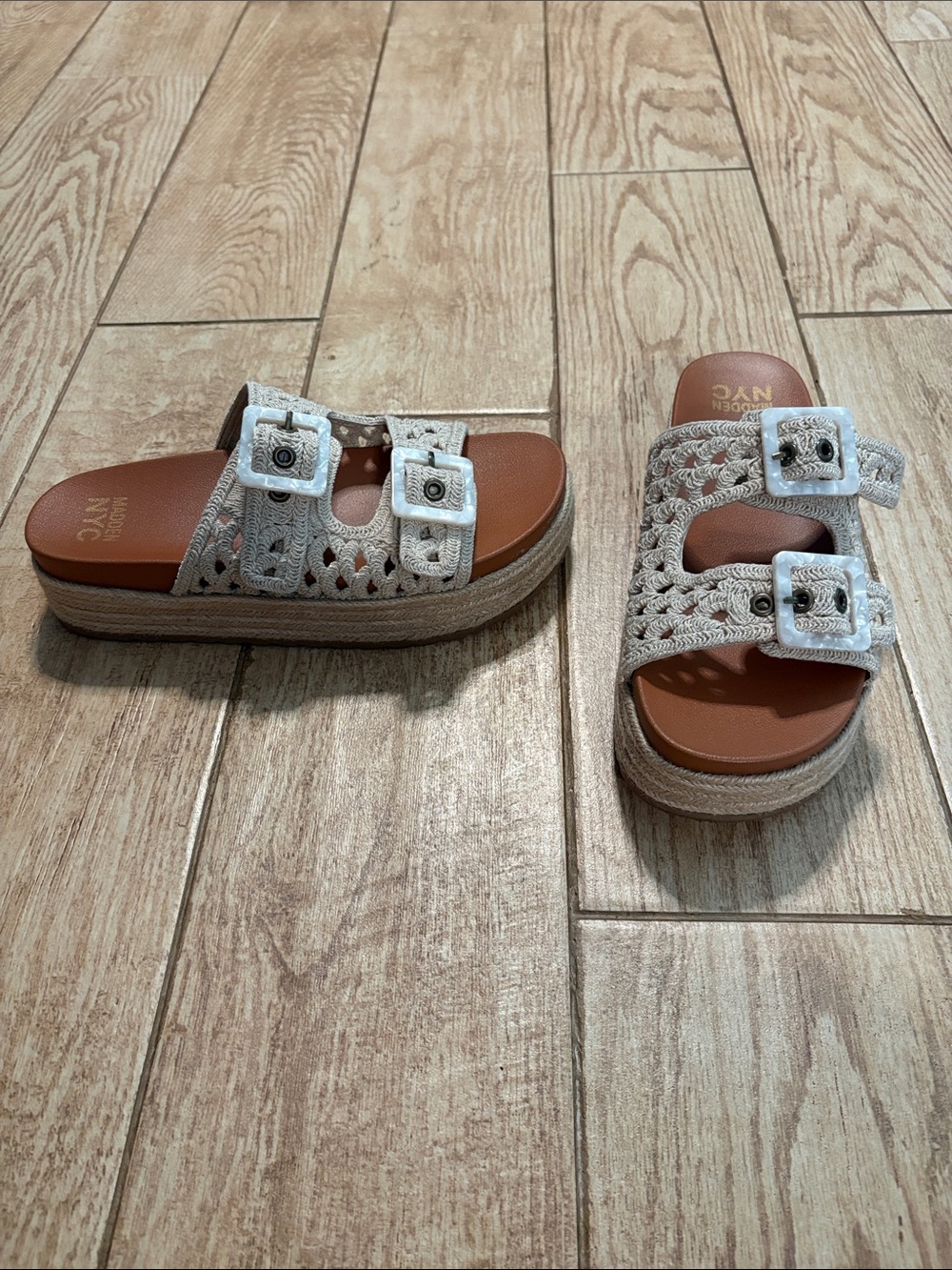 Madden NYC Ivory Crochet Double-Buckle Platform sandals